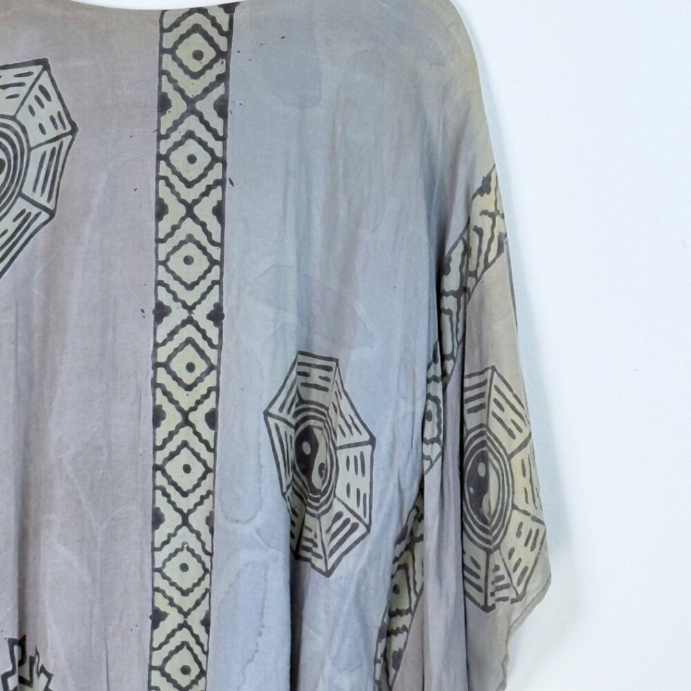 Vintage Handmade Blue Ying Yang Tunic Shirt Kaftan Oversized Hippie Lagen Flawed - Picture 4 of 12